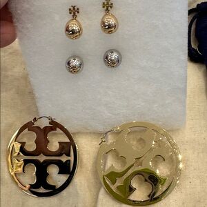 Tory Burch Gold and Silver Logo Earrings